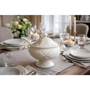 Vintage 1980s White Geometric Footed Stoneware Tureen Lid & Ladle, 8x11” NEW